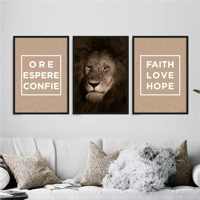 Kit 3 Quadros Leão Ore Espere Confie