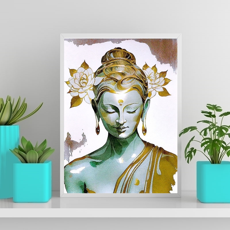 Quadro Buda Branco Com Dourado