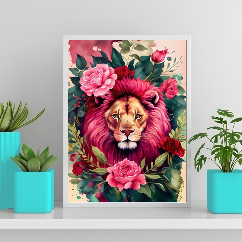 Quadro Decorativo Leão Com Rosas