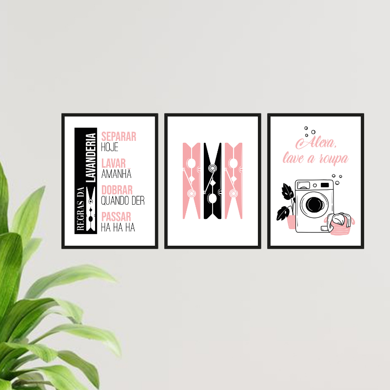 Kit 3 Quadros Lavanderia Alexa Lave A Roupa