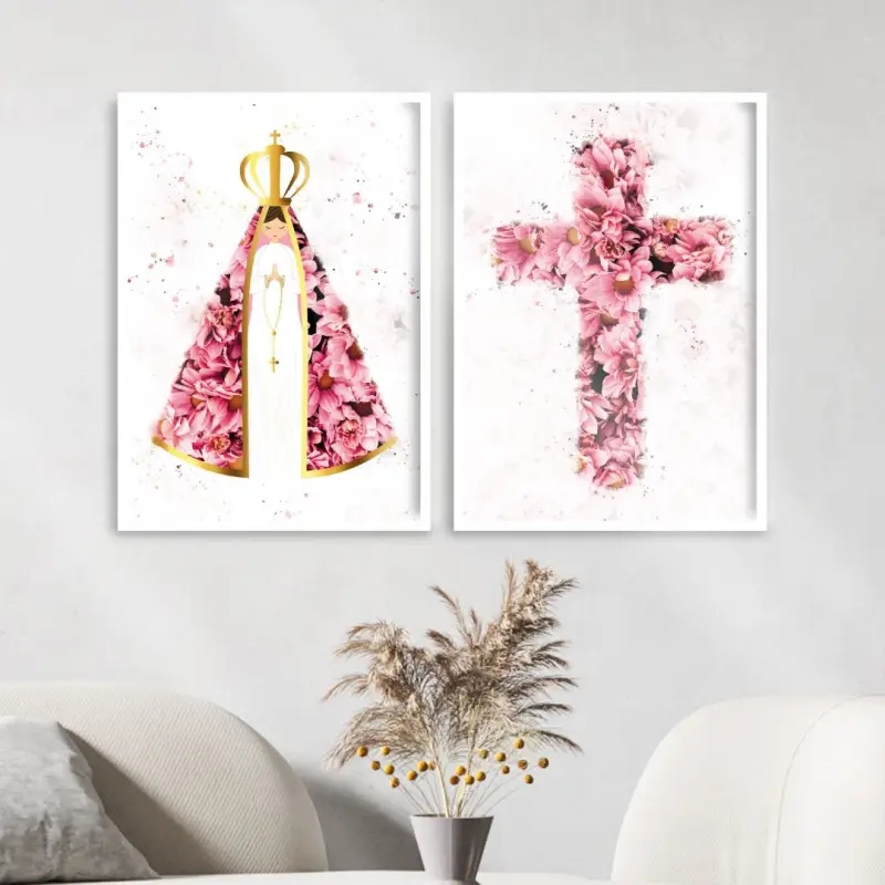 Kit 2 Quadros Nossa Senhora E Cruz Flores