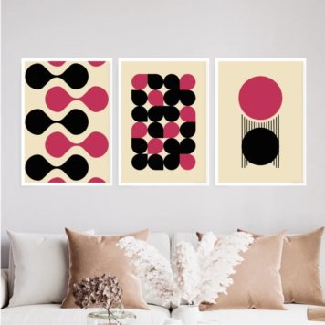 Kit 3 Quadros Bauhaus Abstrato Magenta e Preto