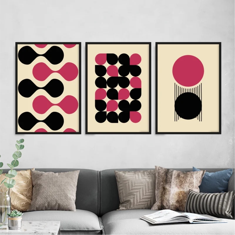 Kit 3 Quadros Bauhaus Abstrato Magenta e Preto