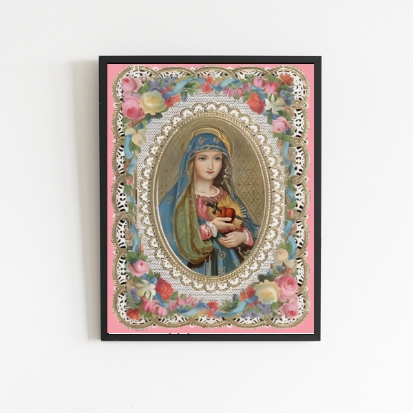 Quadro Sagrado Coração De Maria Floral Vintage