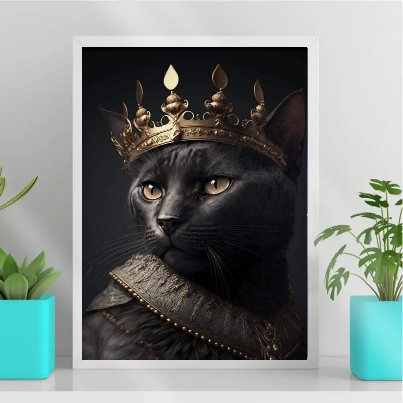 Quadro Decorativo Gato Preto Com Coroa