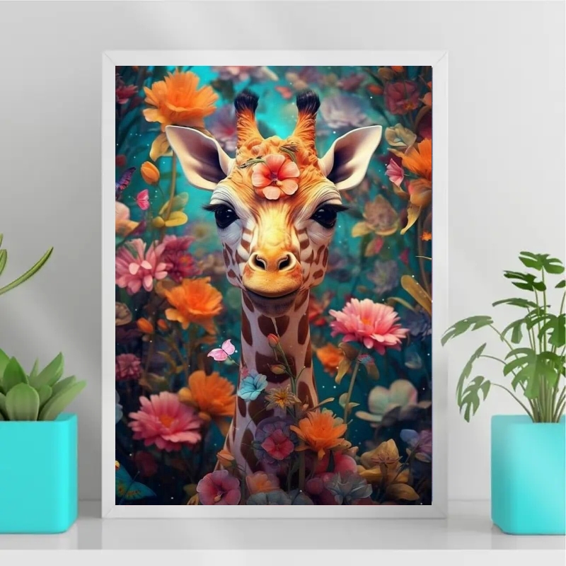 Quadro Decorativo Arte Girafa Com Flores
