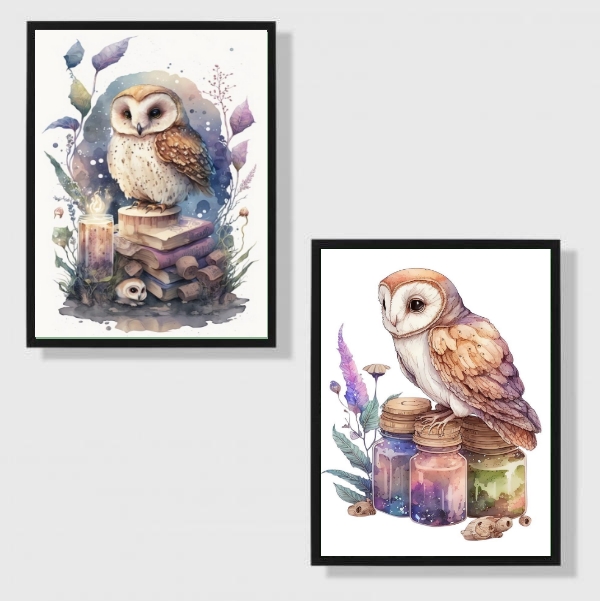 Kit 2 Quadros Coruja Mágica Aquarela