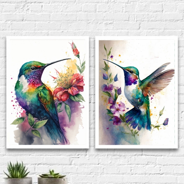 Kit 2 Quadros Pássaros Beija-Flor Aquarela