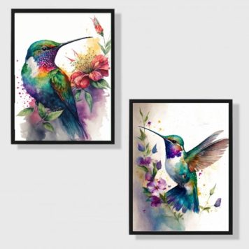 Kit 2 Quadros Pássaros Beija-Flor Aquarela
