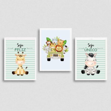 Kit 3 Quadros Tema Safari Infantil Seja Feliz