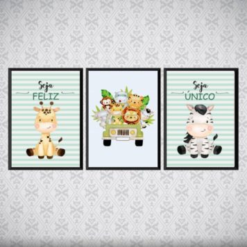 Kit 3 Quadros Tema Safari Infantil Seja Feliz