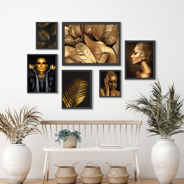 Kit Composição 6 Quadros Folhas E Mulheres Douradas