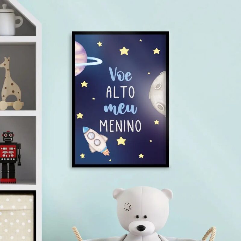 Quadro Infantil Voe Alto Foguete Espaço