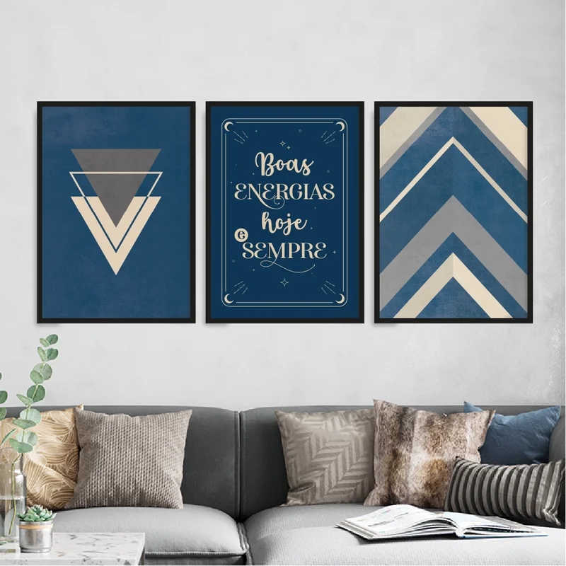 Kit 3 Quadros Abstratos Azuis Boas Energias