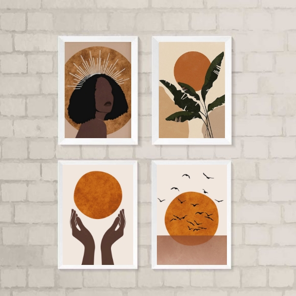 Kit 4 Quadros Decorativos Boho Mulher E Lua