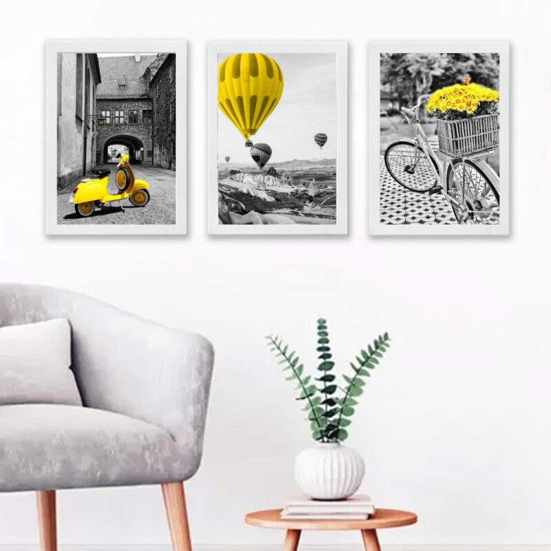 Kit 3 Quadros Fotografias Cidades Preto Branco Amarelo