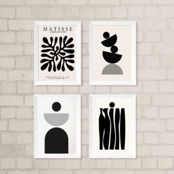 Kit 4 Quadros Para Sala Abstratos Preto E Branco Matisse