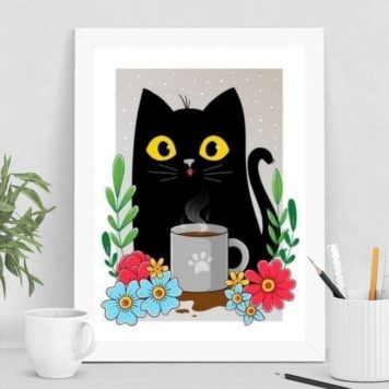Quadro Decorativo Gato Com Caneca De Café