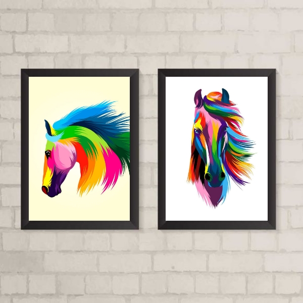 Kit 2 Quadros Decorativos Arte Cavalos Coloridos