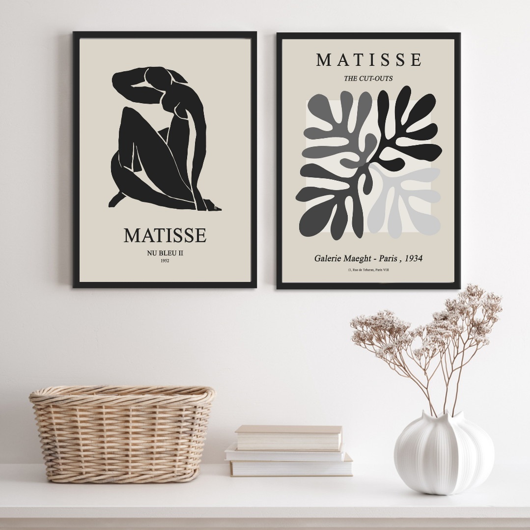 Kit 2 Quadros Minimalistas Preto E Cinza Matisse