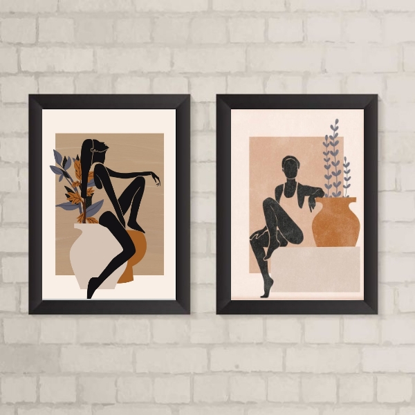 Kit 2 Quadros Arte Boho Mulheres Com Vasos