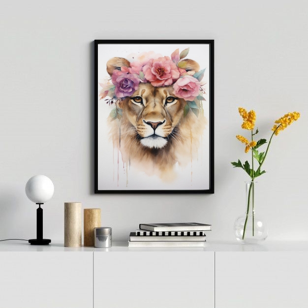 Quadro Decorativo Leoa Com Coroa De Flores