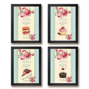 Kit 4 Quadros Vintage Para Cozinha Doces E Bolos