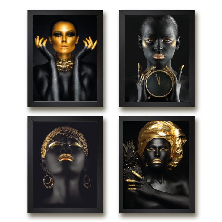 Kit 4 Quadros Mulheres Preto Com Dourado