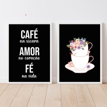 Kit 2 Quadros Café Amor Fé Floral