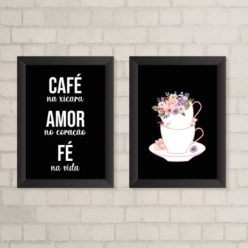 Kit 2 Quadros Café Amor Fé Floral