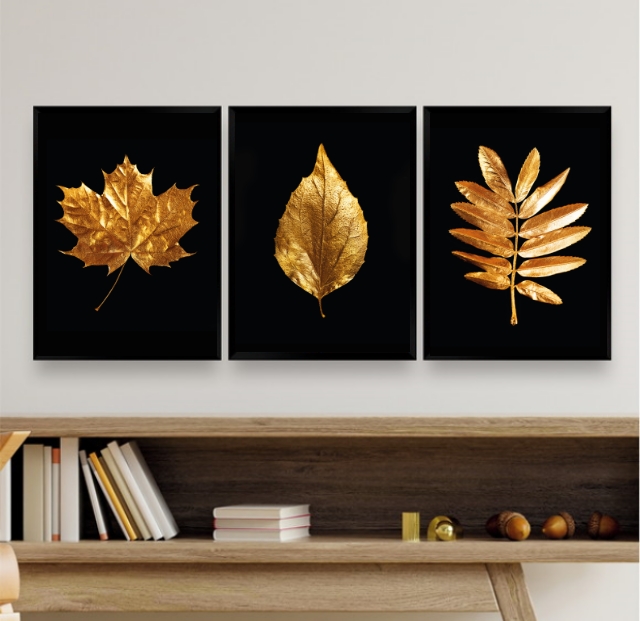 Kit 3 Quadros Para Sala Folhas Douradas