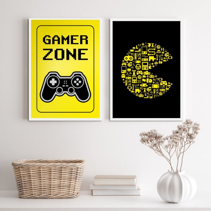 Kit 2 Quadros Quarto Gamer Preto E Amarelo