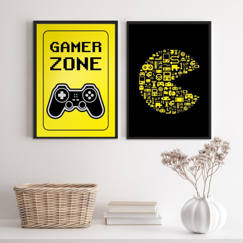 Kit 2 Quadros Quarto Gamer Preto E Amarelo