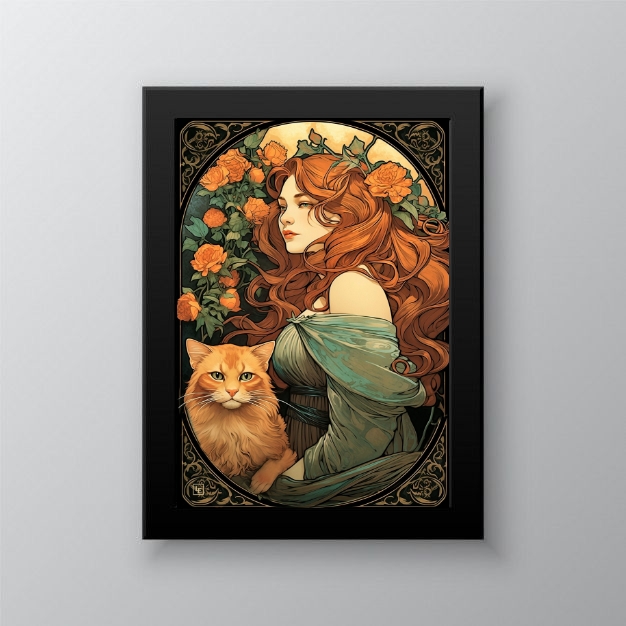 Quadro Mulher Com Gato Art Nouveau