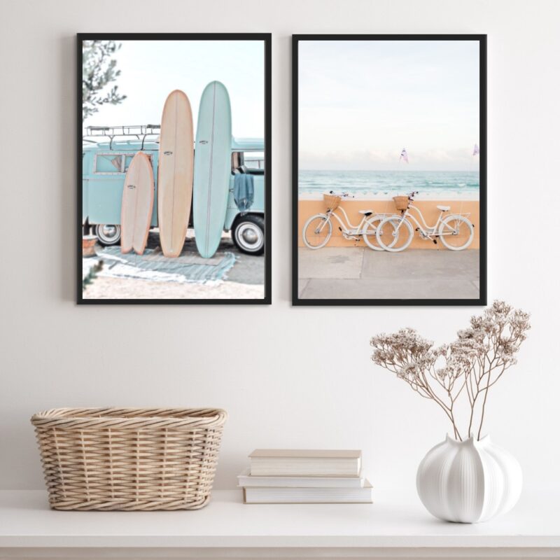 Kit 2 Quadros Fotografias Praia Kombi E Bicicleta