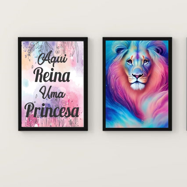 Kit 2 Quadros Leão Galaxia Aqui Reina Uma Princesa