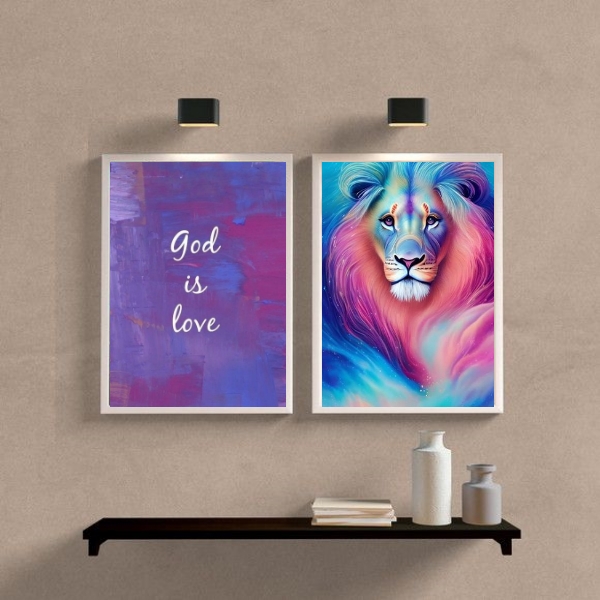 Kit 2 Quadros Leão Galaxia Deus é Amor