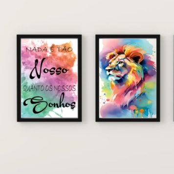 Kit 2 Quadros Leão Aquarela Nossos Sonhos
