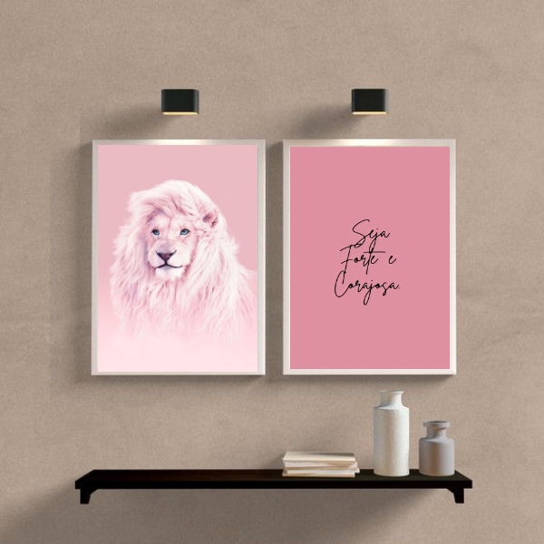 Kit 2 Quadros Leão Rosa Seja Forte E Corajosa