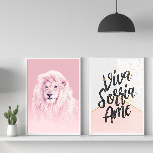 Kit 2 Quadros Leão Rosa Viva Sorria Ame
