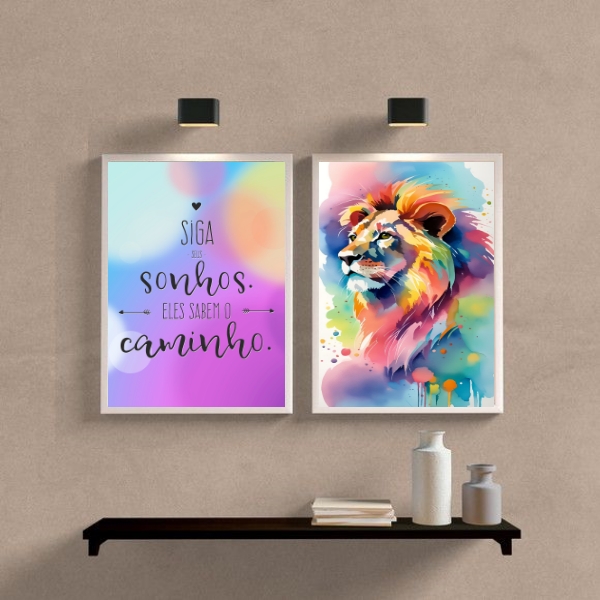 Kit 2 Quadros Leão Aquarela Siga Seus Sonhos