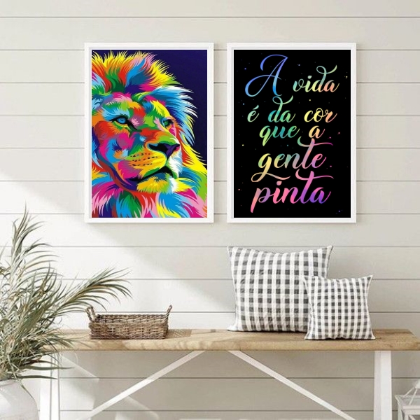 Kit 2 Quadros Leão A Vida É Da Cor Que A Gente Pinta