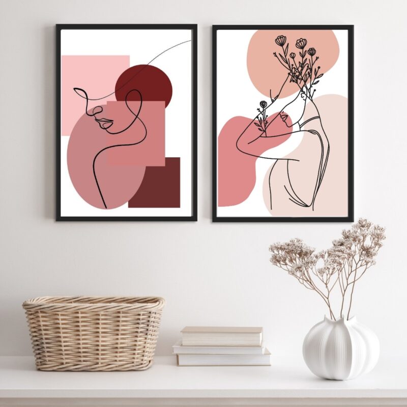 Kit 2 Quadros Para Quarto Mulher Contorno Linha Rosê