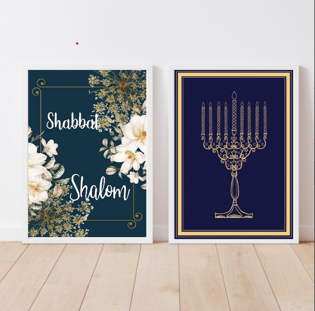 Kit 2 Quadros Judeus Shabbat Shalom Menorah