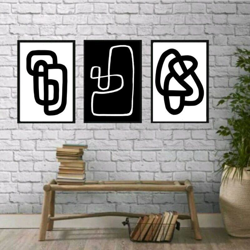 Kit 3 Quadros Decoração Minimalista Preto E Branco
