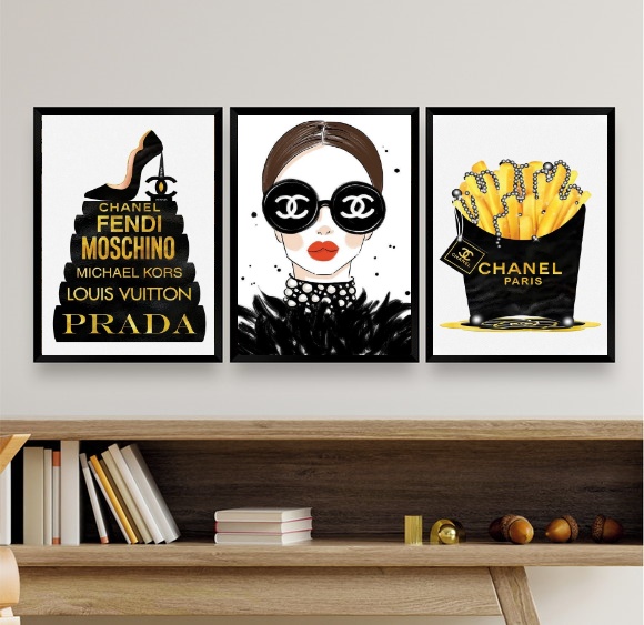 Kit 3 Quadros Fashion Marcas Famosas Mulher Livros