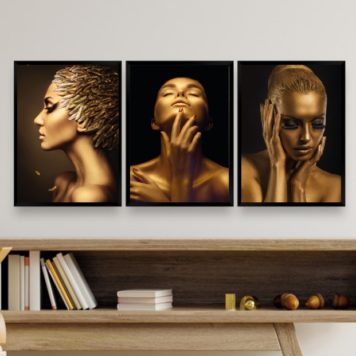Kit 3 Quadros Decorativos Mulheres Douradas