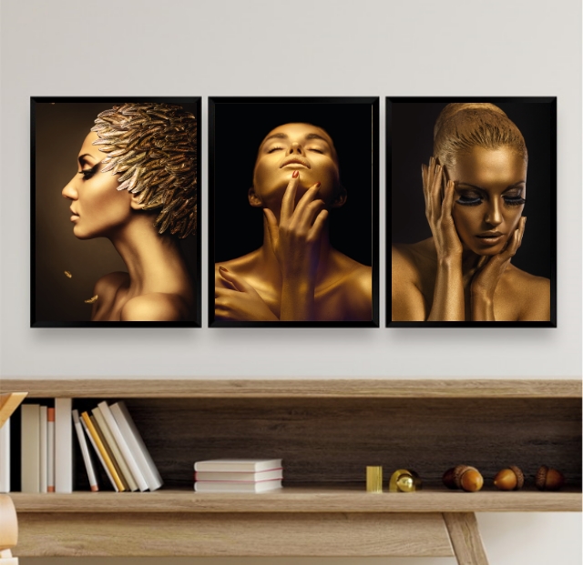Kit 3 Quadros Decorativos Mulheres Douradas