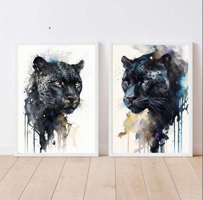 Kit 2 Quadros Pantera Negra Aquarela