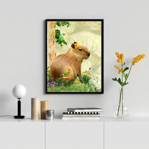 Quadro Decorativo Capivara Com Passarinhos